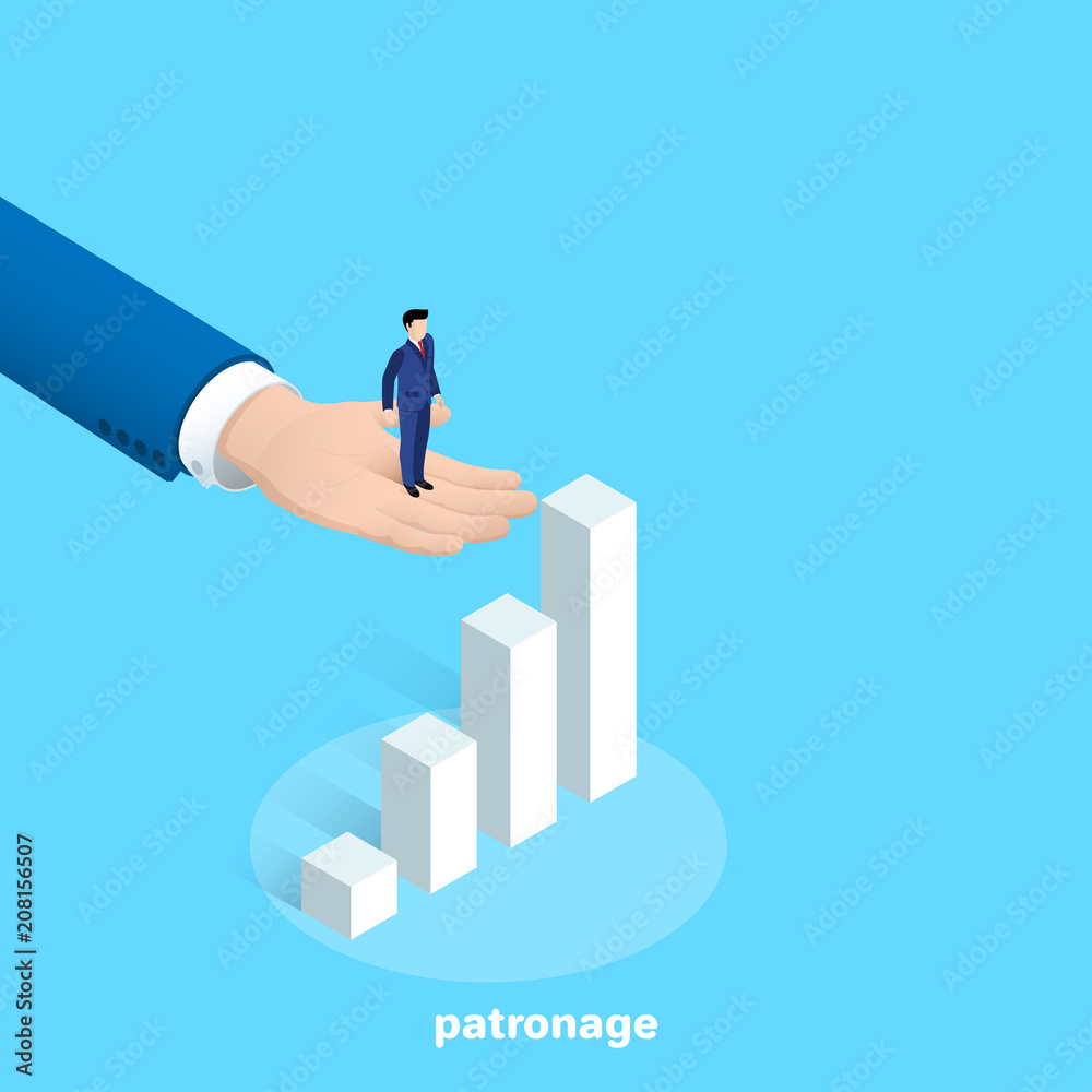 a man in a business suit stands on the palm of a giant in front of a diagram, an isometric image a man in a business suit stands on the palm of a giant in front of a diagram, an isometric image