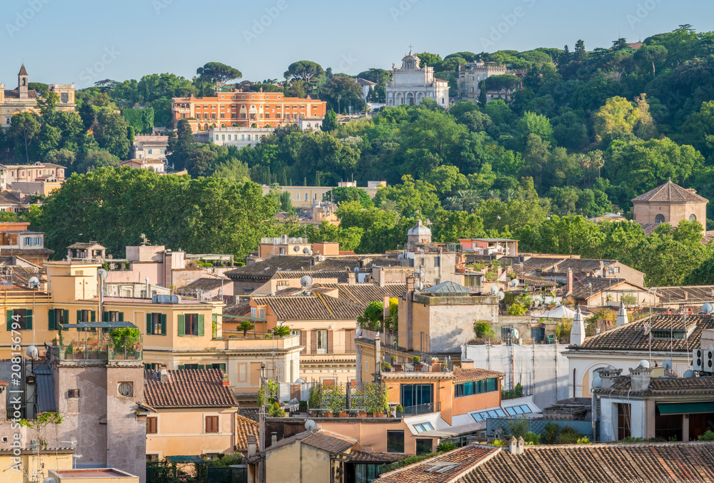 Rome skyline as seen from Castel Sant'Angelo with the Acqua Paola Fountain and the Gianicolo Hill in the background.