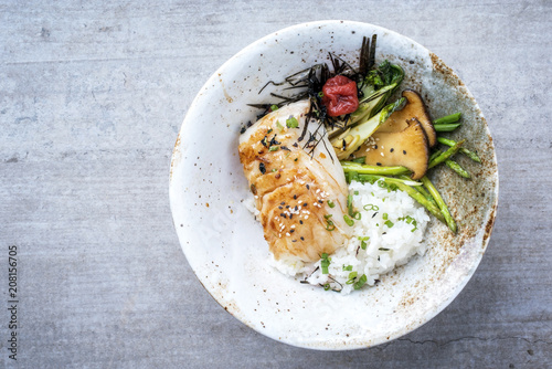 Photography Modern Japanese fried cod fish filet with green asparagus and rice as top view i