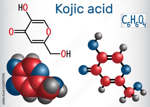 Kojic acid molecule. Used for skin depigmentation in cosmetics. Structural chemical formula and molecule model