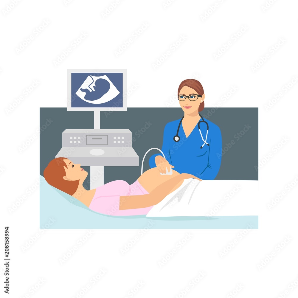 Pregnant woman lying on the couch. Vector illustration of a pregnant doing ultrasonography. 