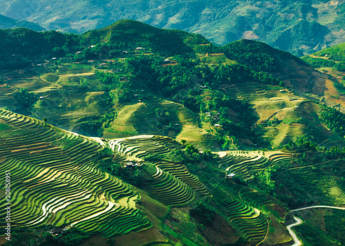 View of green mountains and rice fields from above in Vietnam, Ha Giang