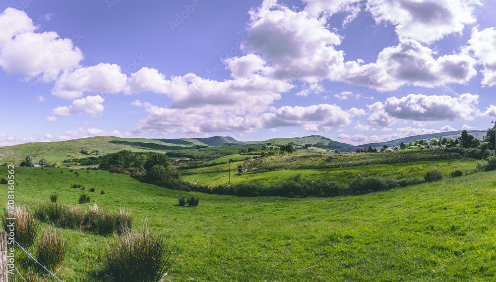 The green fields as seen from the countryside R585 road of Cousane Gap in County Cork, Ireland 