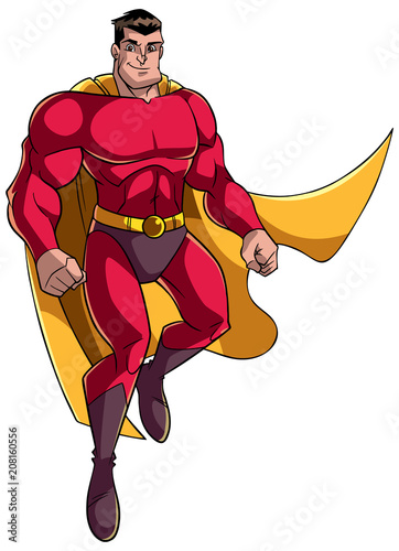 Full length illustration of happy cartoon superhero wearing cape and red costume while flying up during mission against white background for copy space.