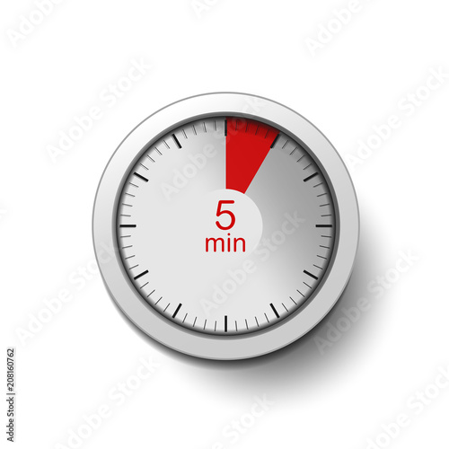 Time interval of 5 minutes, isolated on a white background, with good detail in the form of shadows and a time interval (red color) vector illustration. 10-minute break, Time interval 