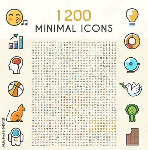 Set of 1200 Minimalistic Solid Line Coloured Network Icons . Isolated Vector Elements