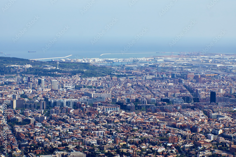 The aerial view to the Barcelona port from the panoramic mountain