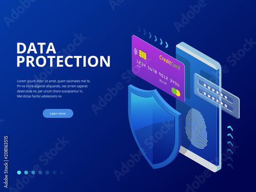 Isometric personal data protection web banner concept. Cyber security and privacy. Traffic Encryption, VPN, Privacy Protection Antivirus. Vector illustration.
