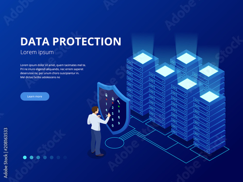 Isometric personal data protection web banner concept. Cyber security and privacy. Traffic Encryption, VPN, Privacy Protection Antivirus. Vector illustration.