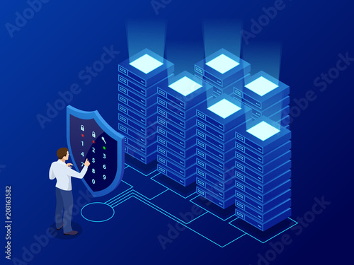 Isometric personal data protection web banner concept. Cyber security and privacy. Traffic Encryption, VPN, Privacy Protection Antivirus. Vector illustration.