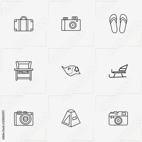 Holiday line icon set with camping tent , slippers and sledge