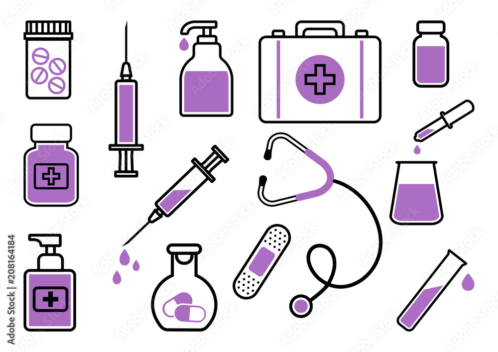 Medicine. Set of black and purple icons. Vector illustration