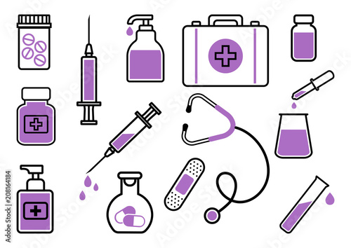 Medicine. Set of black and purple icons. Vector illustration