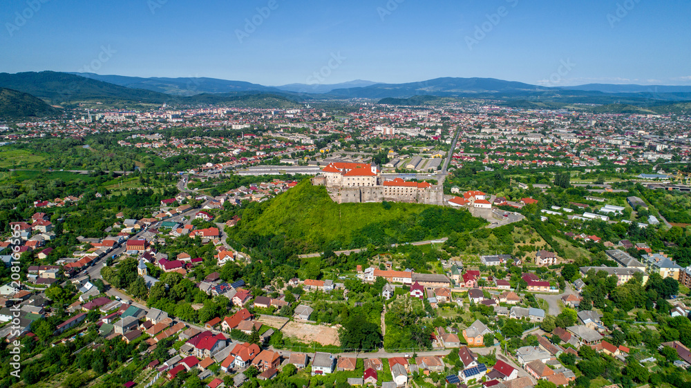 Beautiful panoramic aerial view to Palanok Castle in the city of Mukachevo.