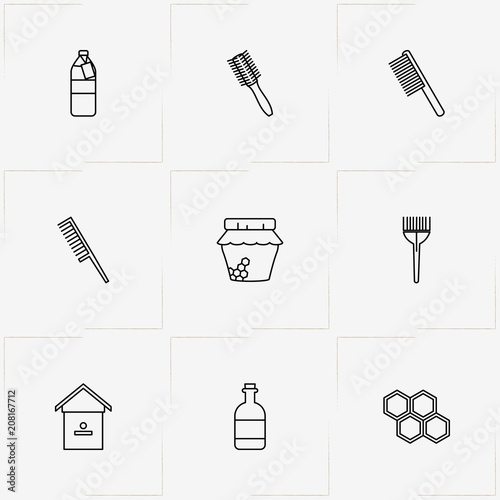 Honey line icon set with honey jar, honeycomb and bee house