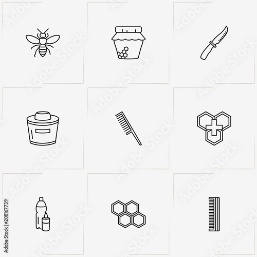 Honey line icon set with honeycomb, wasp and honey jar