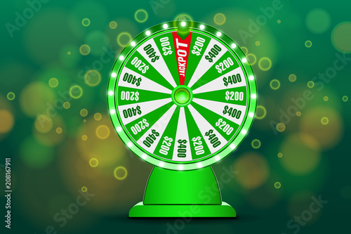 Fortune wheel 3d object on abstract defocused circular blue bokeh background. Golden Wheel of luck lottery. Jack Pot