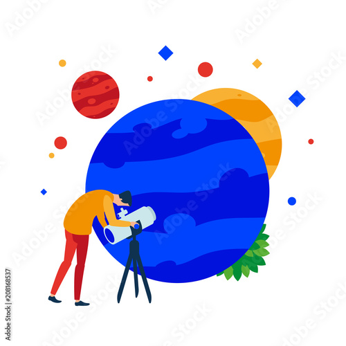 Planet in a telescope. A person looks through a telescope at the planet. Vector illustration. Separate objects. To illustrate articles, reports, blogs, news for posting on websites and print media.