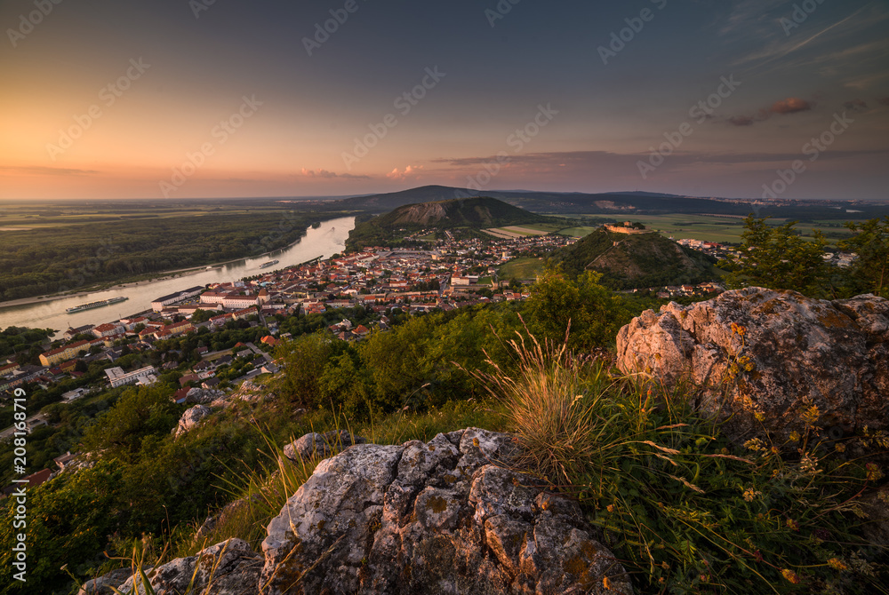 View of Small City of Hainburg an der Donau with Danube River as Seen from Rocky Hundsheimer Hill at Beautiful Sunset