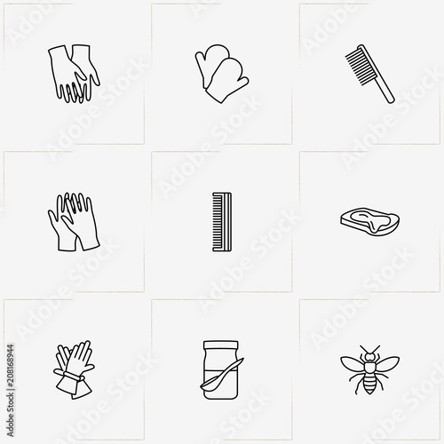 Honey line icon set with honey jar, gloves and wasp