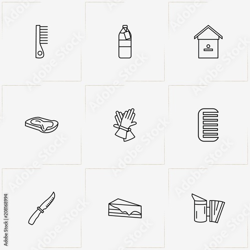 Honey line icon set with knife, honey cake piece and comb