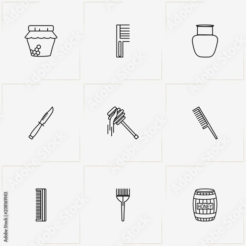 Honey line icon set with bottle, comb and honey jar