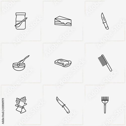 Honey line icon set with knife, honey bowl  and gloves