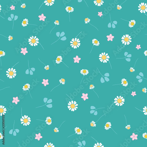 Green daisies ditsy seamless pattern. Great for summer vintage fabric, scrapbooking, wallpaper, giftwrap. Suraface pattern design.