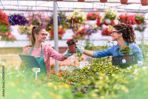 Canvas Print Young women working in beautiful garden center