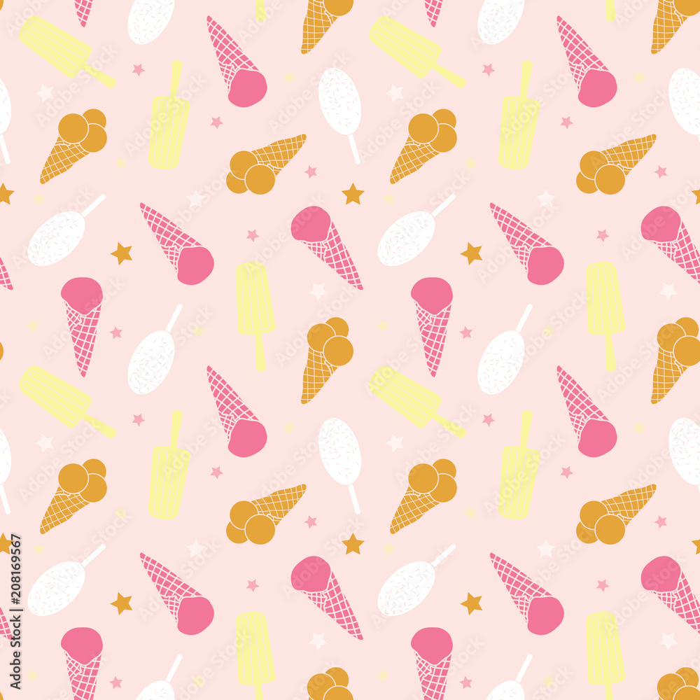 Sweet pink ice cream seamless pattern. Great for yummy summer dessert wallpaper, backgrounds, packaging, fabric, scrapbooking, and giftwrap projects. Surface pattern design.
