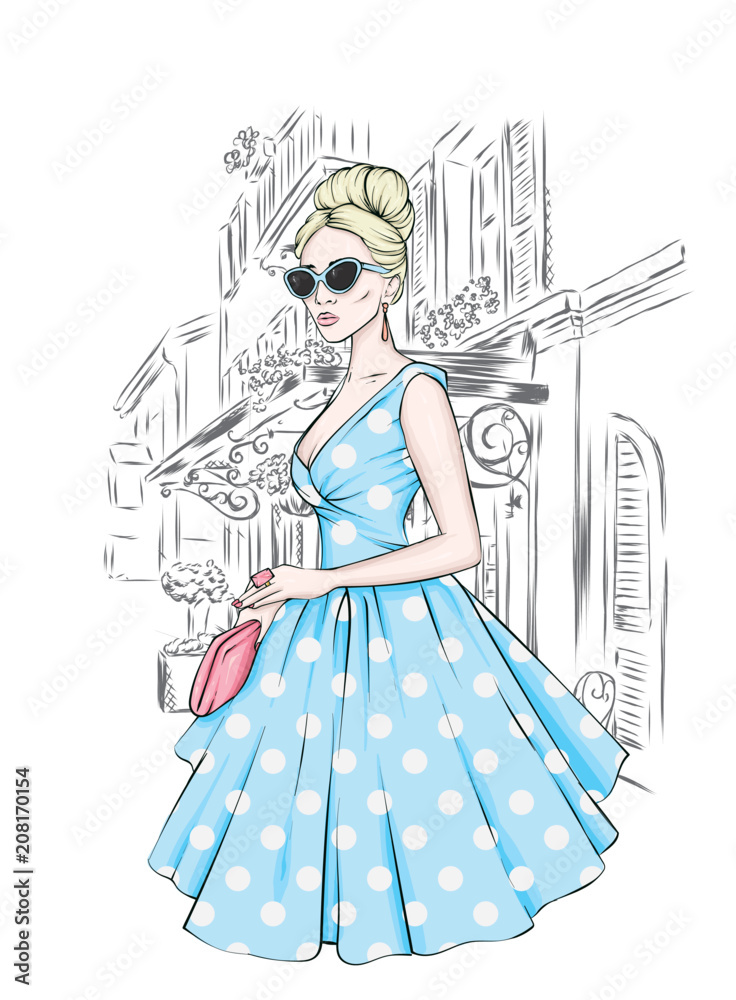 A tall, slender girl in a midi skirt, a blouse, high-heeled shoes and a clutch. Vector illustration. Clothing and accessories, fashion and style. Eps 10.
