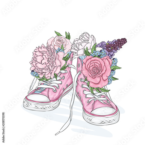Beautiful sneakers. Vector illustration for a picture or poster. Youth shoes. Sports, running and walking. Pink sneakers and flowers. Peonies and roses.
