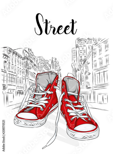 Beautiful sneakers. Vector illustration for a picture or poster. Youth shoes. Sports, running and walking.
