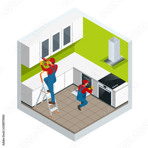 Isometric assembly of kitchen of furniture in the studio apartment concept. Repairman in overalls repairing cabinet hinge in kitchen vector illustration.