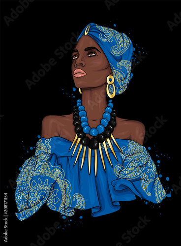 A beautiful in a dress and turban with patterns. Africa. Ethnic clothing and accessories, fashion and style. Vector illustration. Gold and jewels.