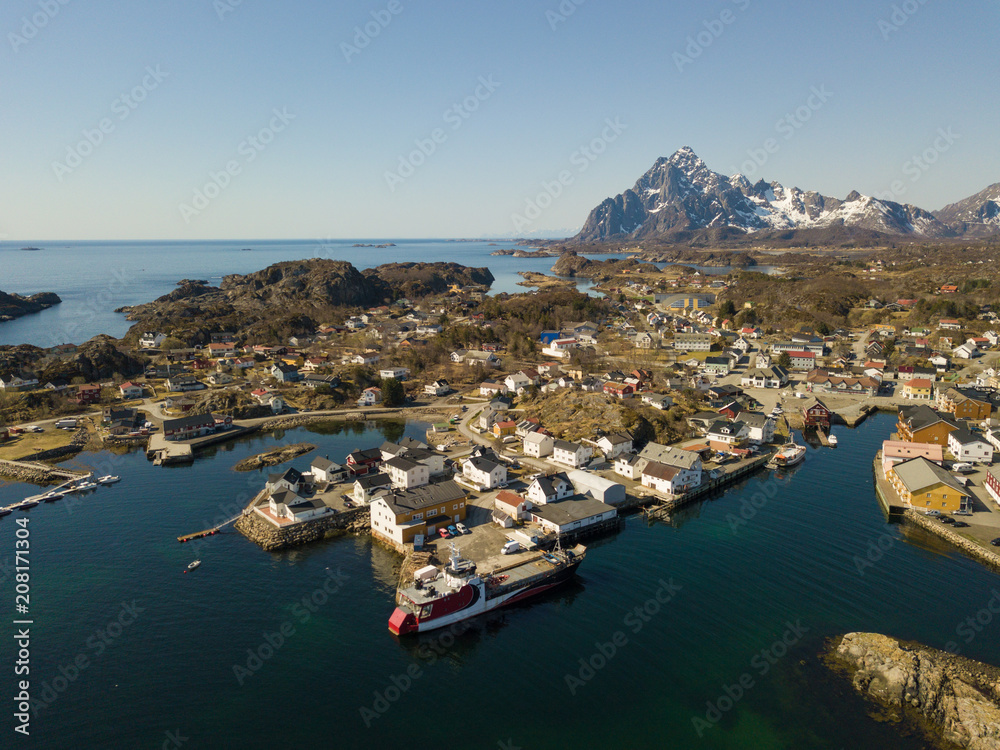 The fishing harbor of Kabelvag at Lofoten Islands / Norway from above