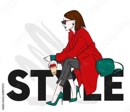 Beautiful, tall and slender girl in a stylish coat, trousers, glasses, with glasses. Stylish woman in high-heeled shoes. Fashion & Style. Vector illustration.