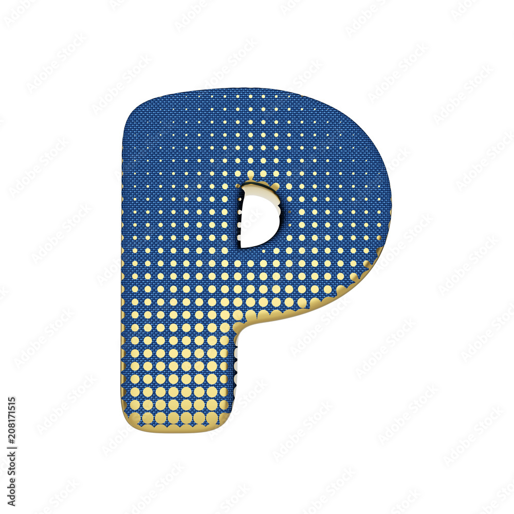 Alphabet letter P uppercase. Gold halftone font made of blue jean texture. 3D render isolated on white background. Alphabet letter P uppercase. Gold halftone font made of blue jean texture. 3D render isolated on white background.