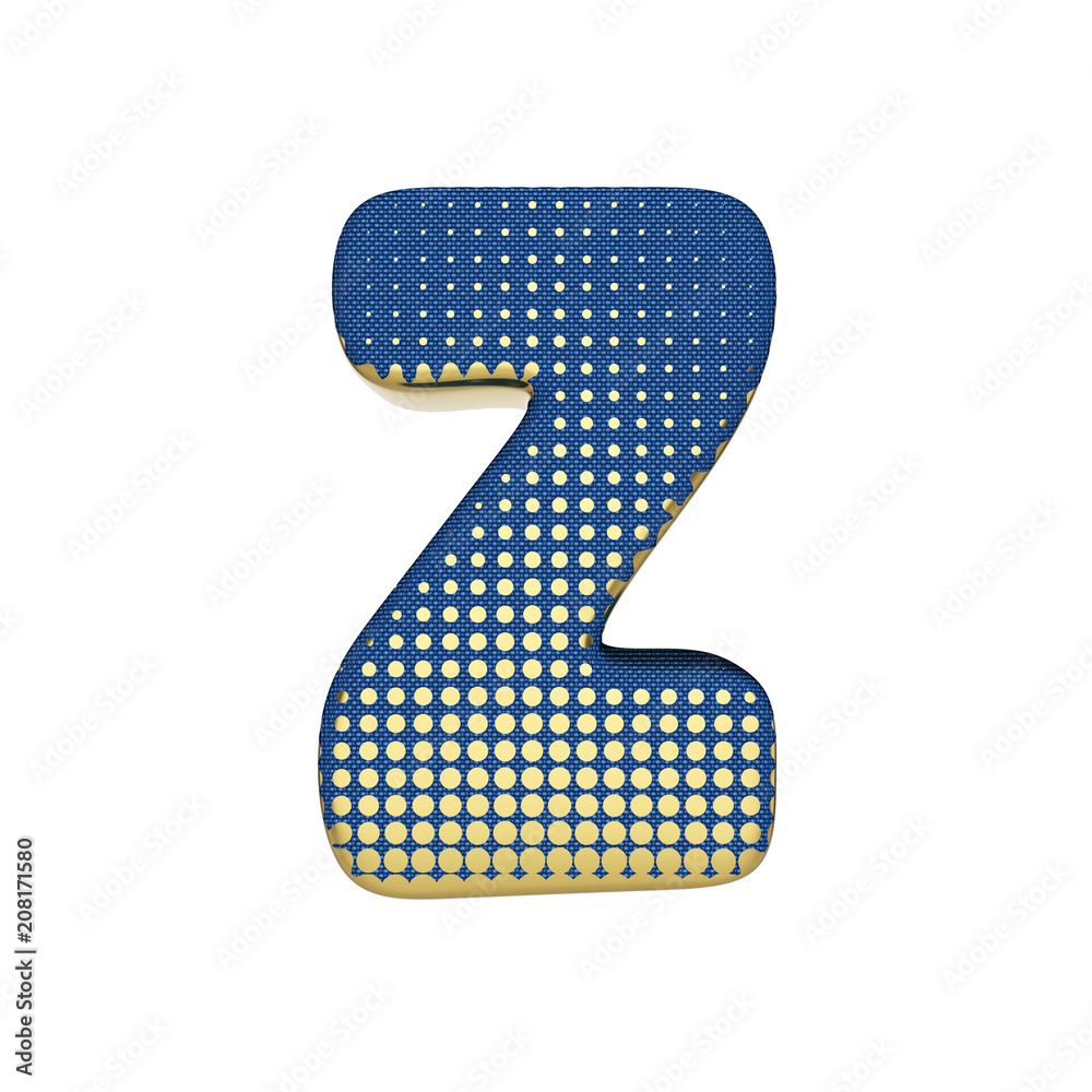 Alphabet letter Z uppercase. Gold halftone font made of blue jean texture. 3D render isolated on white background. Alphabet letter Z uppercase. Gold halftone font made of blue jean texture. 3D render isolated on white background.
