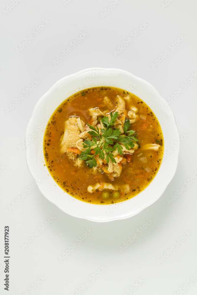 Traditional and very popular in east and south Europe soup from beef tripe with marjoram and parsley. Traditional and very popular in east and south Europe soup from beef tripe with marjoram and parsley.