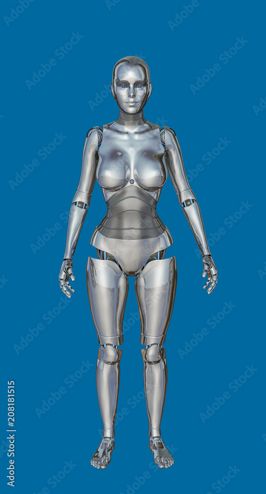 3D Illustration of Futuristic Chrome Female Cyborg on Blue Chroma Key Background for Easy Editing