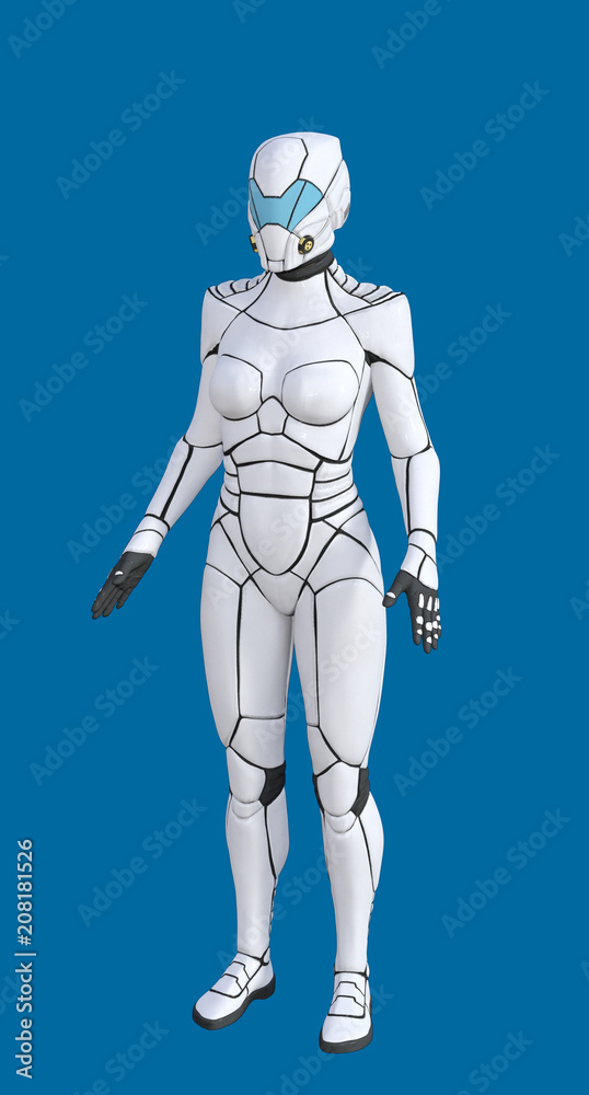 3D Illustration of Futuristic White Female Android on Blue Chroma Key Background for Easy Editing 3D Illustration of Futuristic White Female Android on Blue Chroma Key Background for Easy Editing