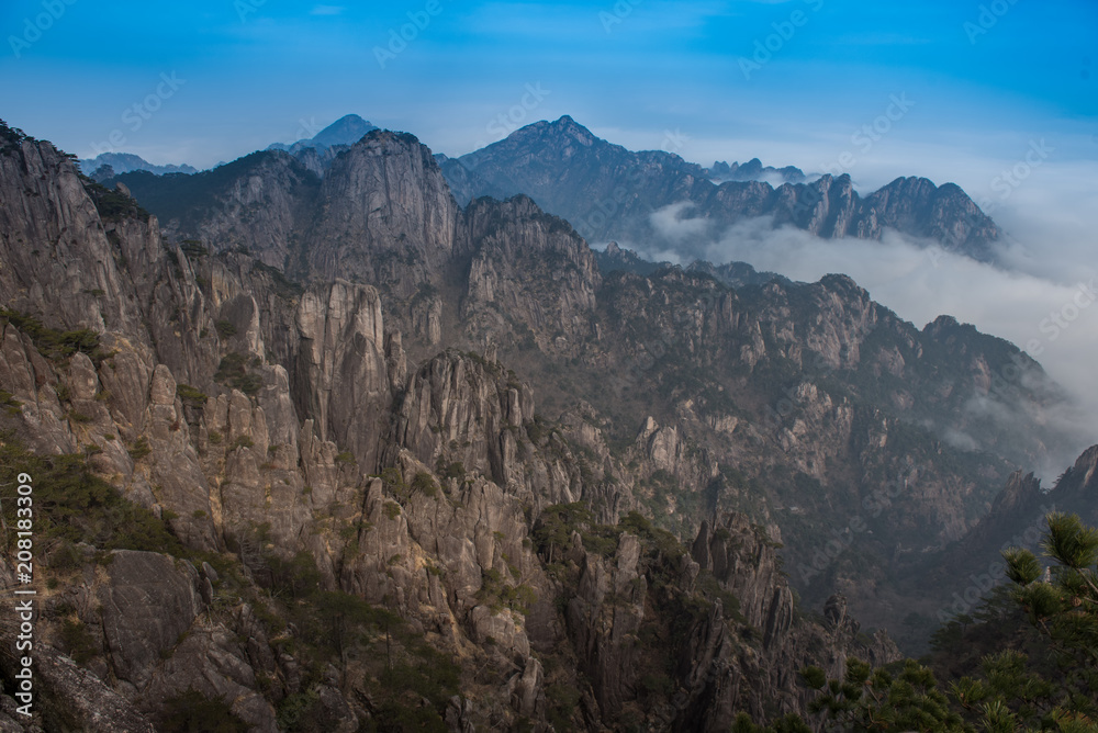 View point the top of Huangshan mountain with pine trees, East China`s Anhui Province.