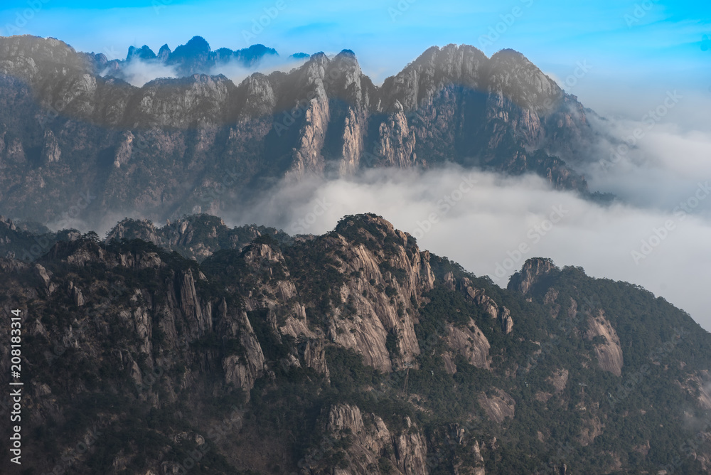 View point the top of Huangshan mountain with pine trees, East China`s Anhui Province.