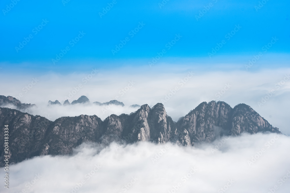 View point the top of Huangshan mountain with pine trees, East China`s Anhui Province.