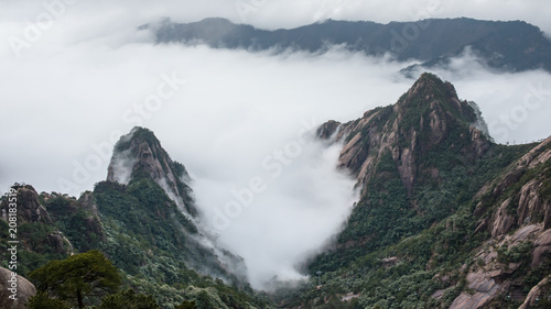 Yellow Mountain or Huangshan mountain Cloud Sea Scenery in Black and White tone, East China`s Anhui Province.