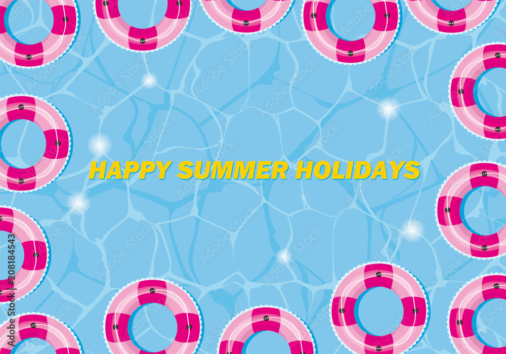 夏のイメージのイラスト プールに浮かぶピンクの浮き輪 暑中見舞い Happy Summer Holidays Stock Vector Adobe Stock