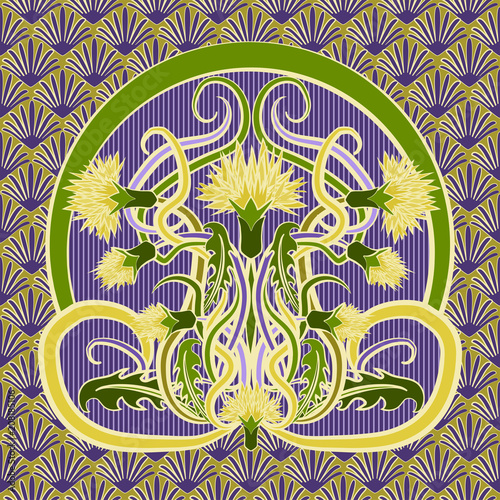 Fototapeta Naklejka Na Ścianę i Meble -  Greeting card  with flowers dandelions in art nouveau style, vector illustration