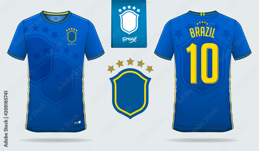 Fototapeta premium Soccer jersey or football kit template design for Brazil national football team. Front and back view soccer uniform. Football t shirt mock up. Vector Illustration