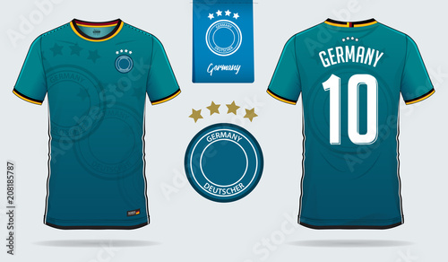 Soccer jersey or football kit template design for Germany national football team. Front and back view soccer uniform. Football t shirt mock up. Vector Illustration